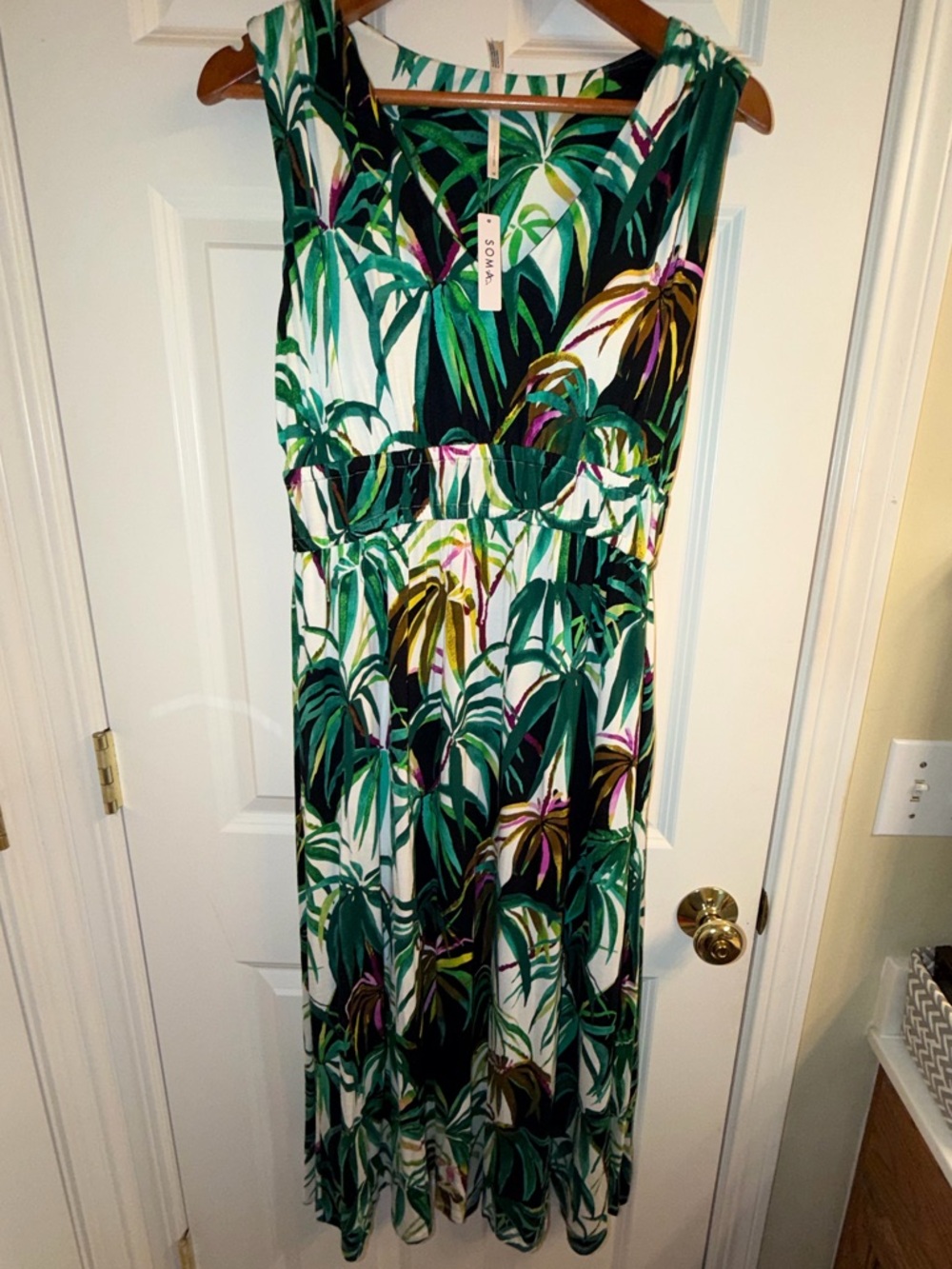 Soma White Maxi Dress with Green Palm Print and Purple Accents
